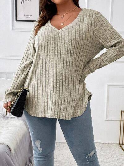 Plus Size V-Neck Long Sleeve T-Shirt - Clothes For Her Online Store