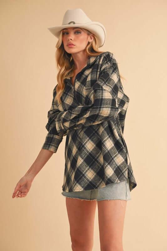 Aemi + Co Slit Plaid Half Zip Drop Shoulder Top - Clothes For Her Online Store