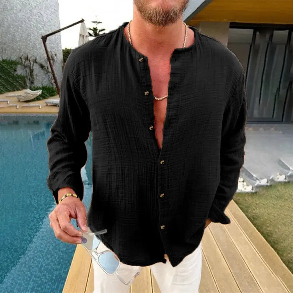 Men's Full Size Linen Button-Down Mandarin Collar Shirt Plus Size