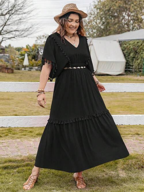 Plus Size Tassel Trim V-Neck Short Sleeve Ruffle Hem Dress - Clothes For Her Online Store