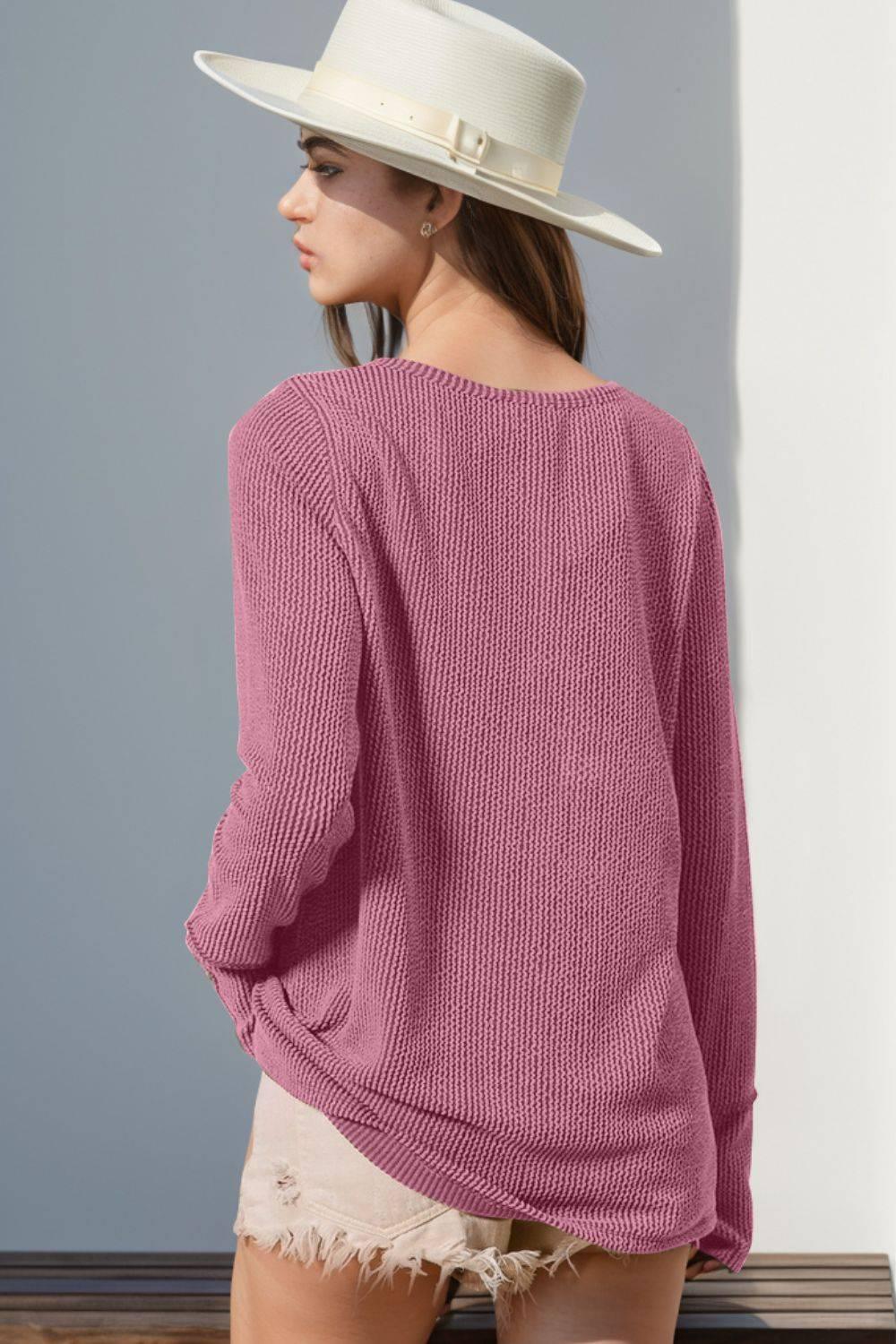 Double Take Full Size Notched Thumbhole Long Sleeve T-Shirt - Clothes For Her Online Store
