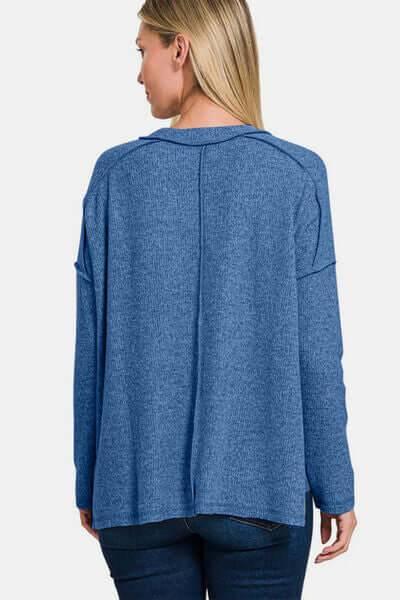 Zenana Full Size Exposed Seam Brushed Round Neck Sweater - Clothes For Her Online Store