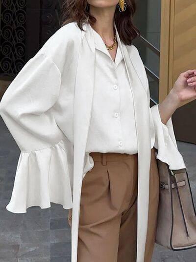 Button Down Flounce Sleeve Shirt - Clothes For Her Online Store