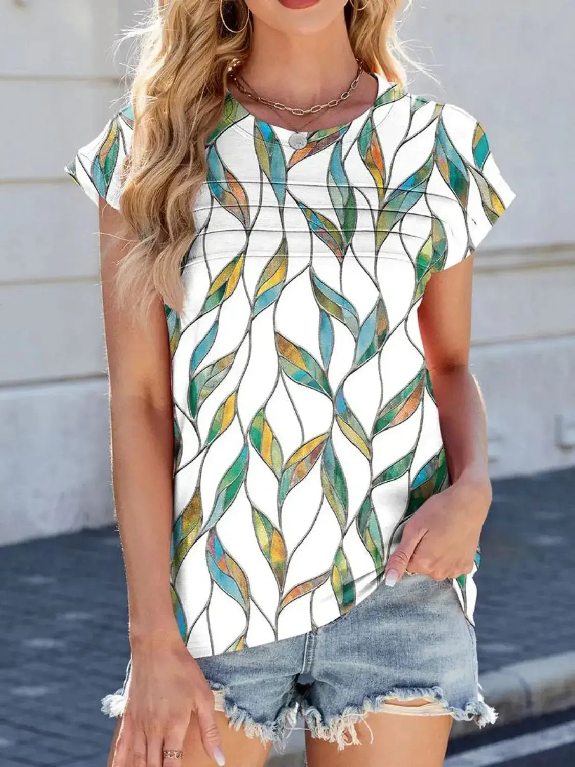 Printed Round Neck Cap Sleeve Top - Clothes For Her Online Store