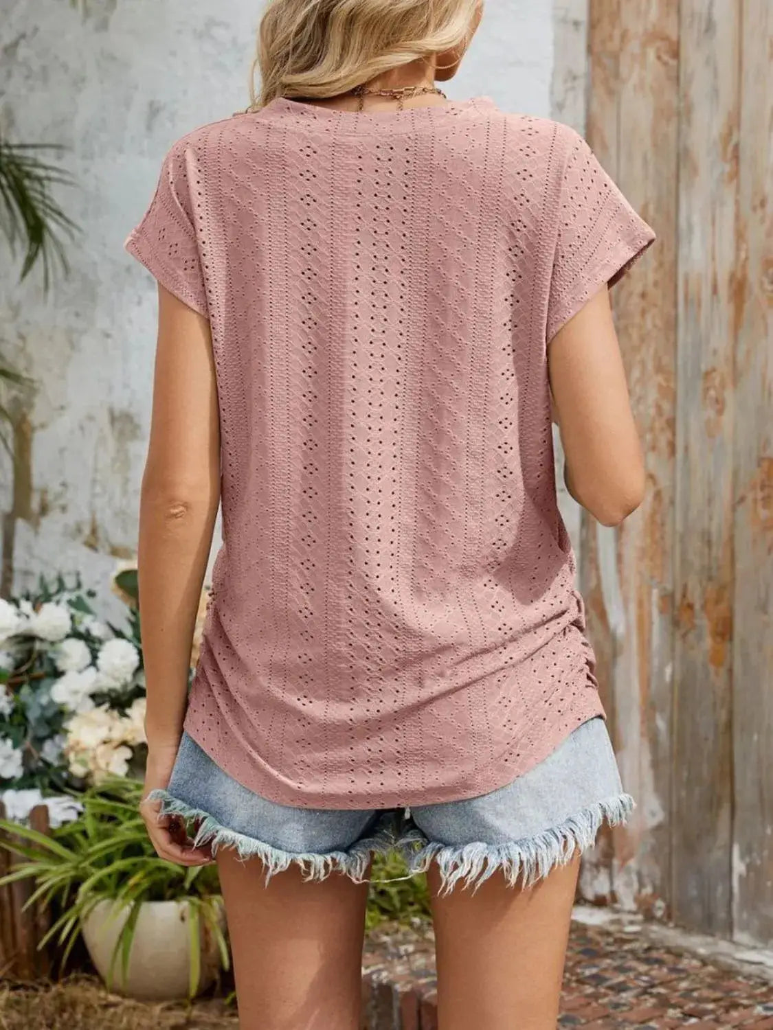 Eyelet V-Neck Short Sleeve Top - Clothes For Her Online Store
