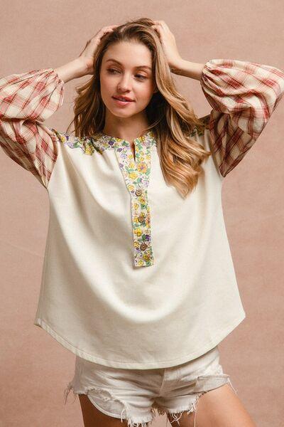 BiBi Floral Notched Plaid Balloon Sleeve Top - Clothes For Her Online Store