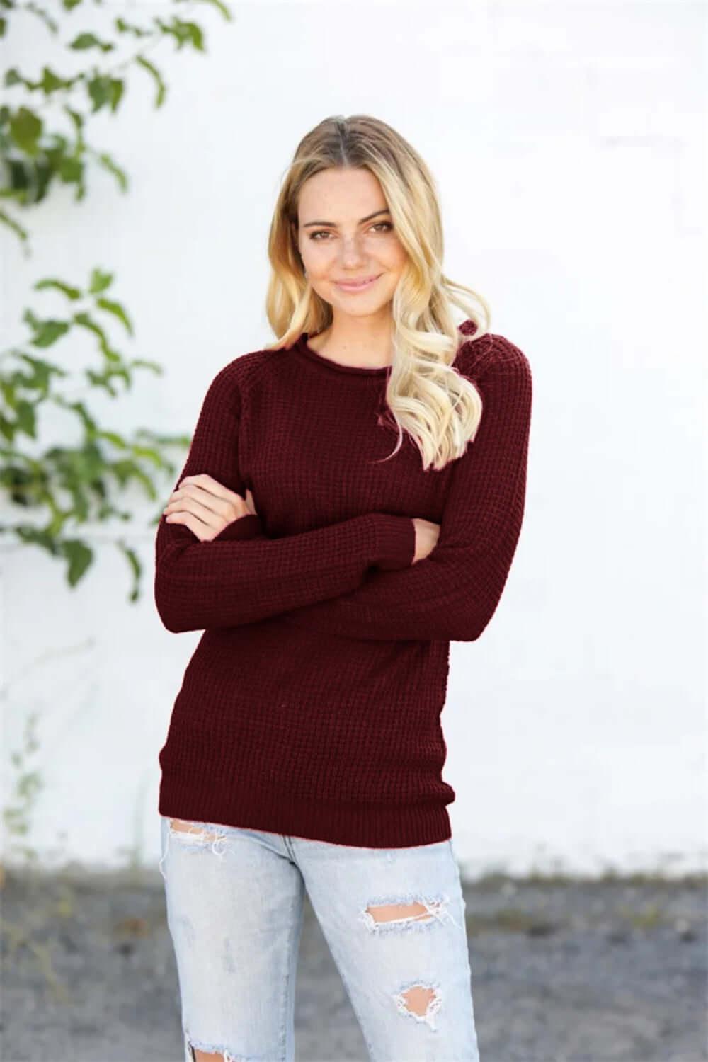 Round Neck Raglan Sleeve Sweater - Clothes For Her Online Store