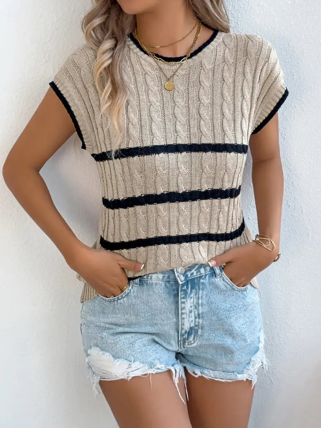 Cable-Knit Striped Round Neck Knit Top - Clothes For Her Online Store