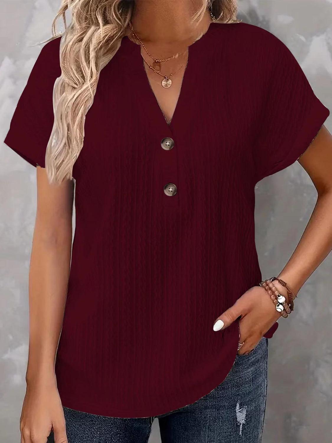 Textured Notched Short Sleeve Top - Clothes For Her Online Store