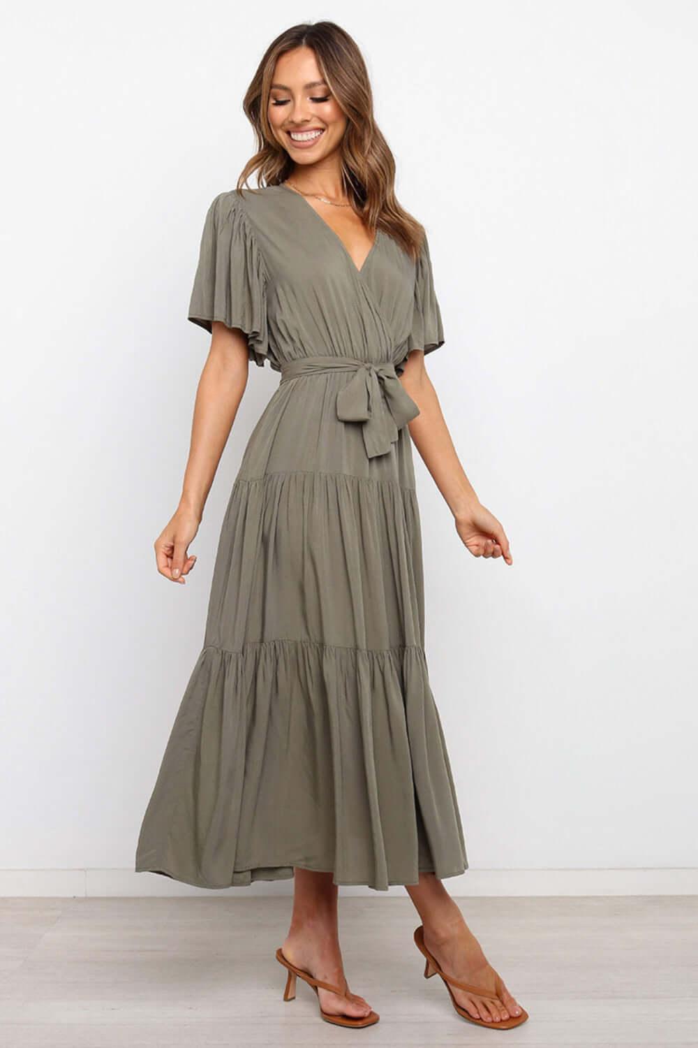 Tied Tiered Short Sleeve Midi Dress - Clothes For Her Online Store