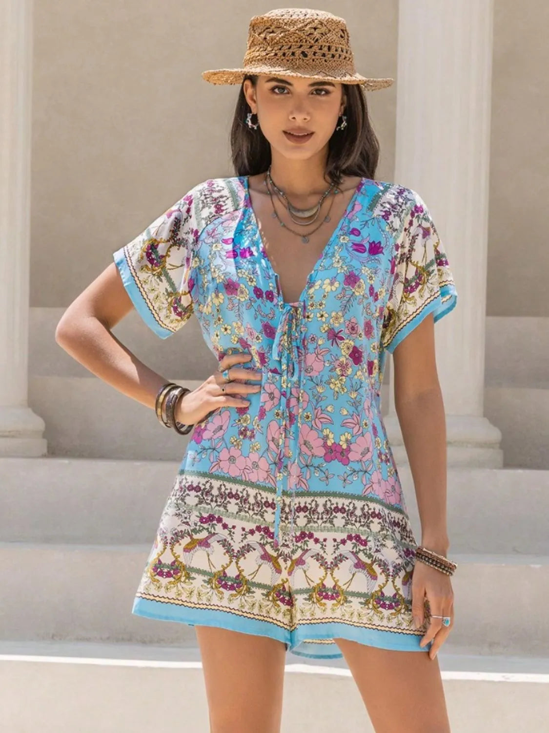 Tied Front Printed Short Sleeve Romper