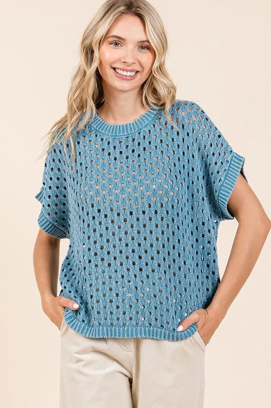 Mittoshop Mineral Wash Openwork Short Sleeve Knit Cover Up
