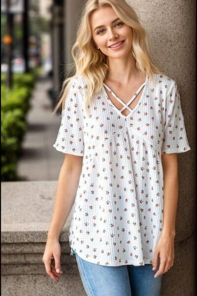 Heimish Full Size Crisscross Ditsy Floral Babydoll Top Plus Size - Clothes For Her Online Store