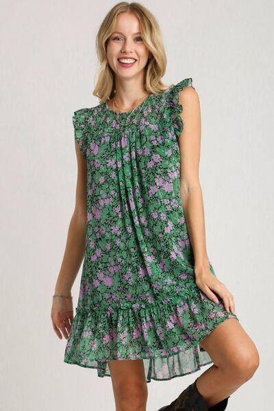 Umgee Full Size Smocked Detail Floral Metallic Ruffle Cap Sleeve Dress Plus Size - Clothes For Her Online Store