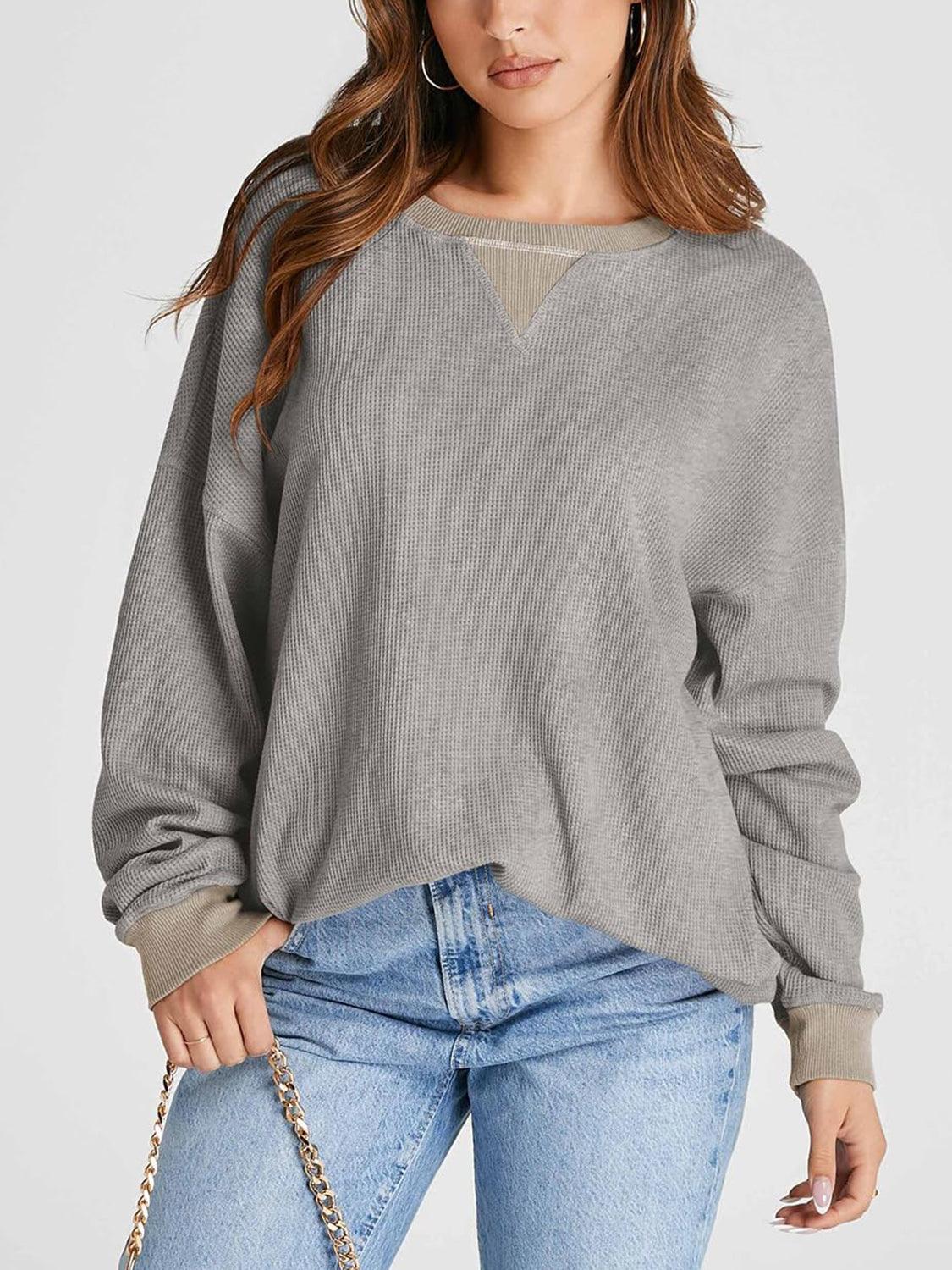 Waffle Knit Round Neck Long Sleeve T-Shirt - Clothes For Her Online Store