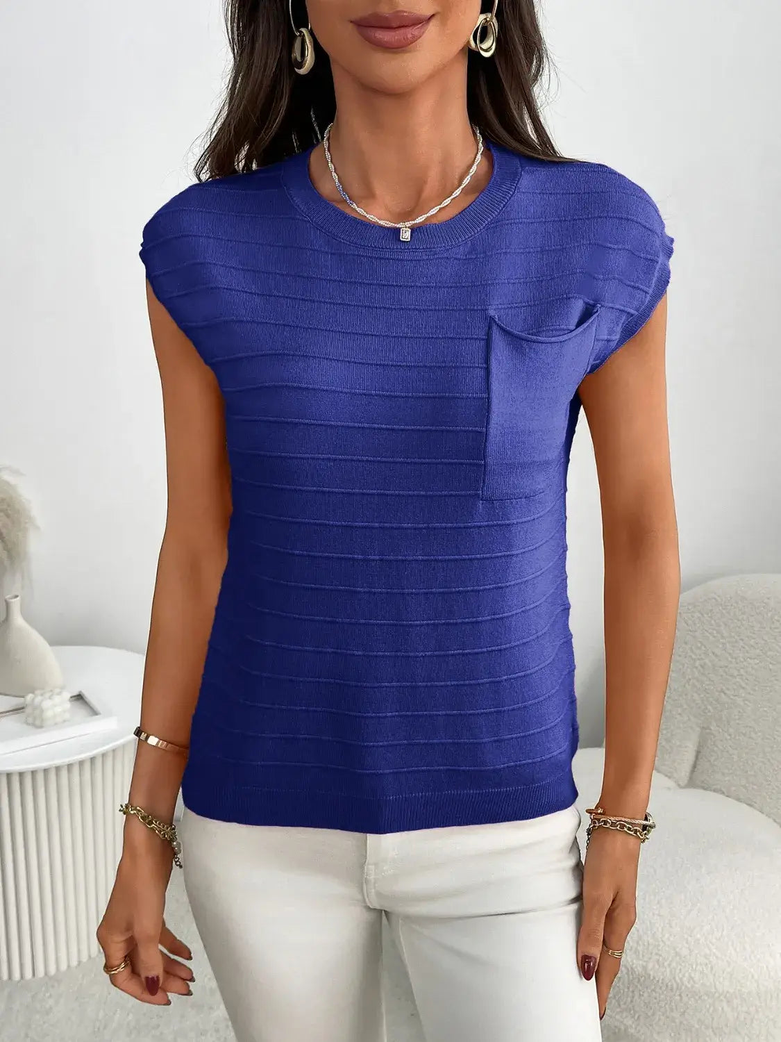 Round Neck Cap Sleeve Knit Top