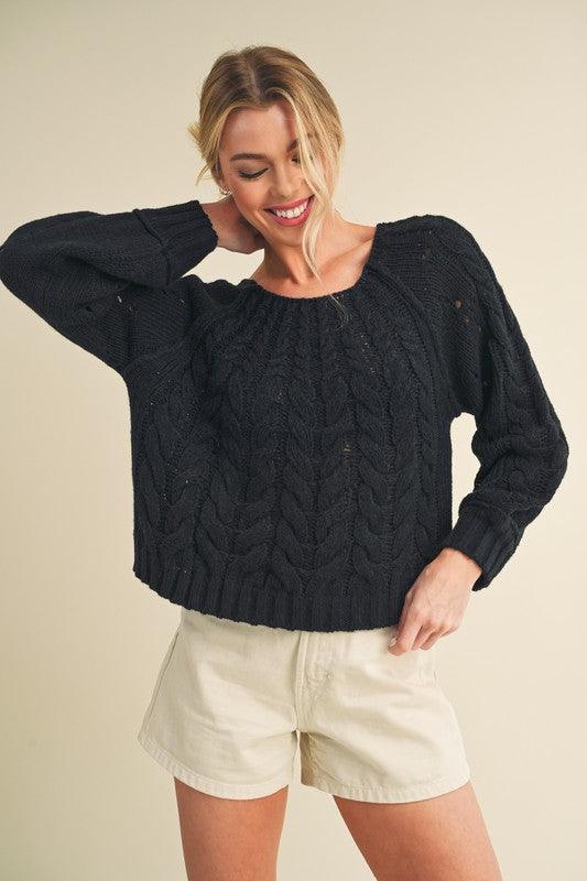 Aemi + Co Cable-Knit Openwork Round Neck Sweater - Clothes For Her Online Store