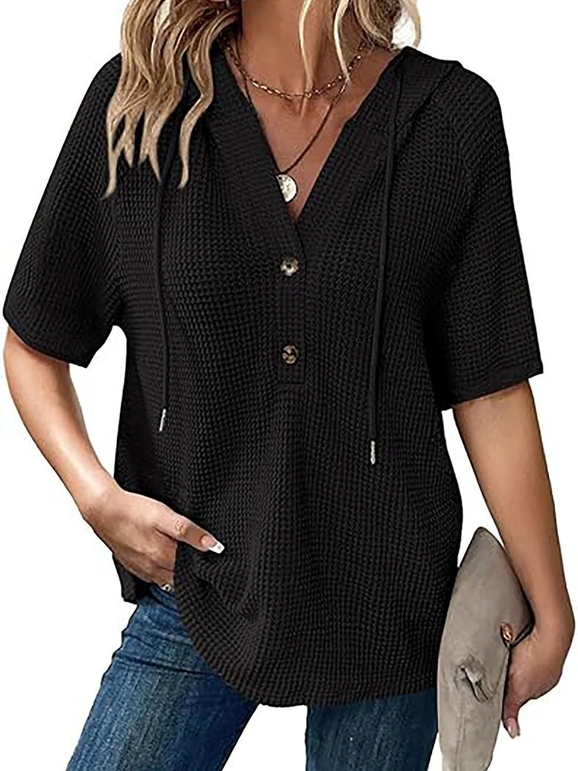 Waffle-Knit Hooded Short Sleeve Blouse - Clothes For Her Online Store