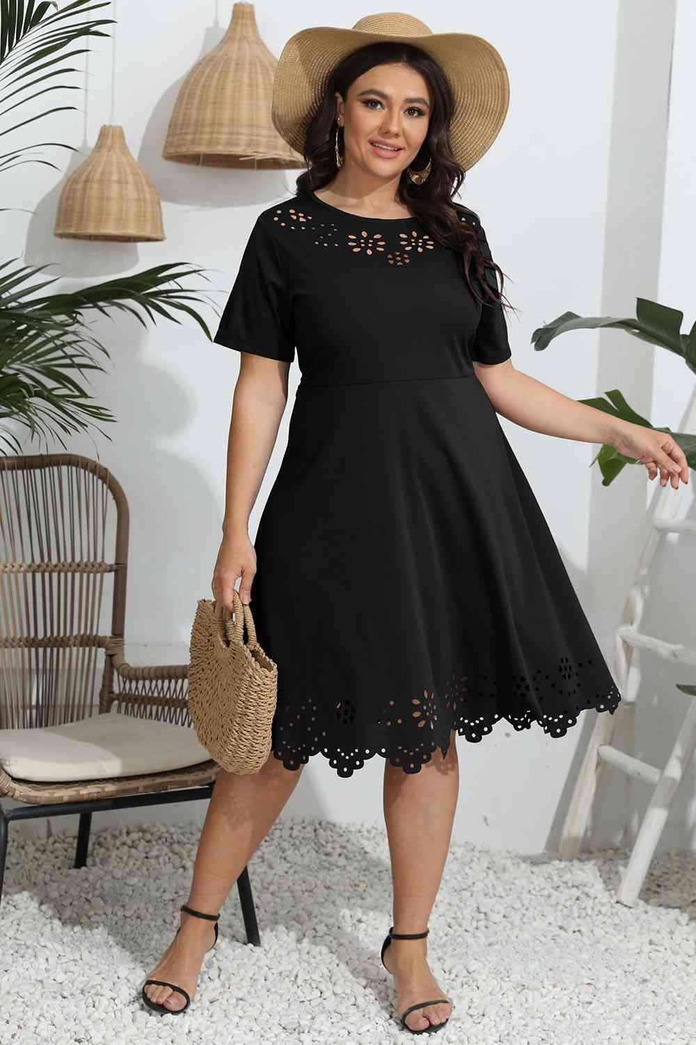 Plus Size Round Neck Openwork Dress - Clothes For Her Online Store
