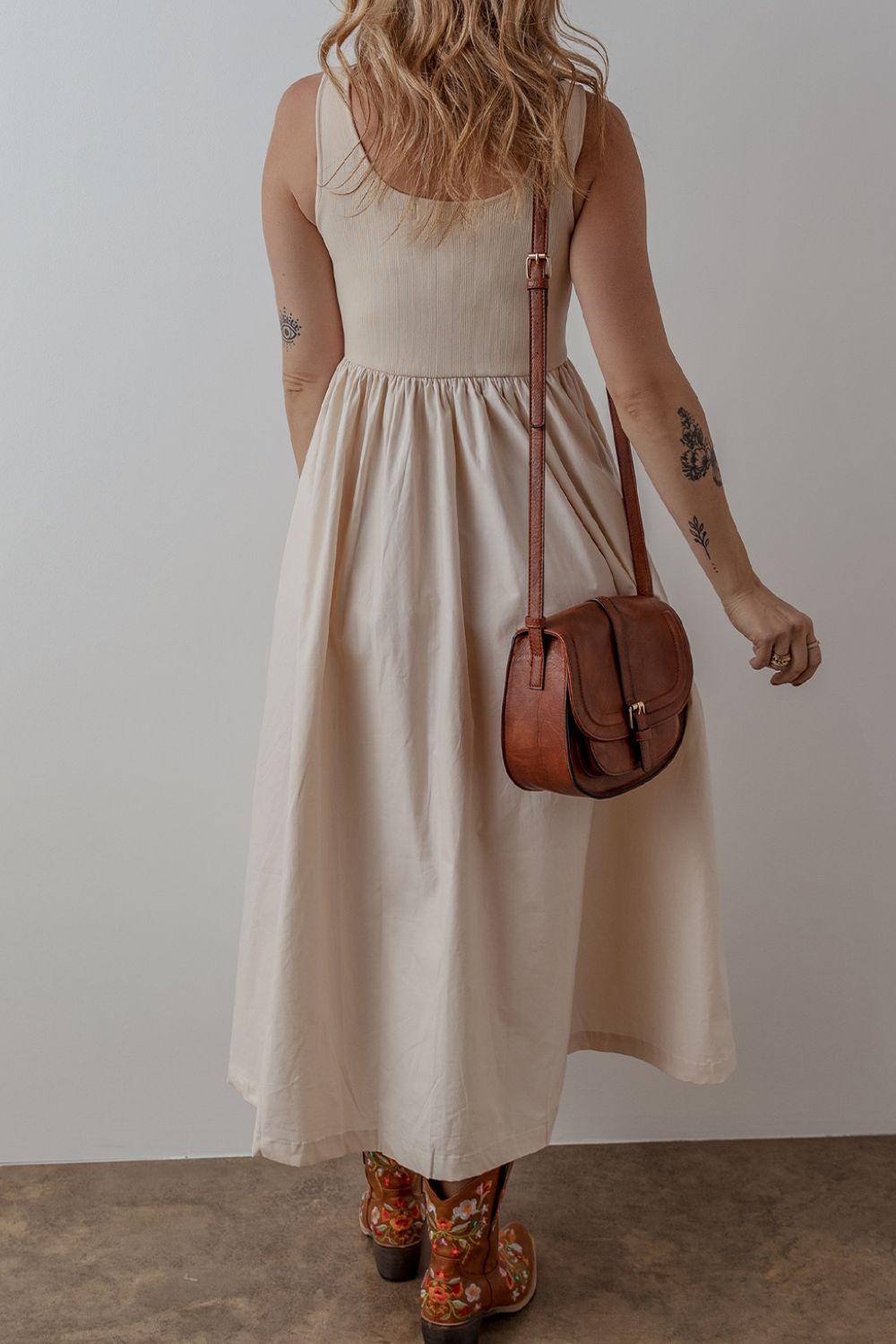 Scoop Neck Ribbed Bodice Sleeveless Midi Tank Dress - Clothes For Her Online Store