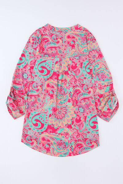 Plus Size Printed Notched Long Sleeve Blouse - Clothes For Her Online Store