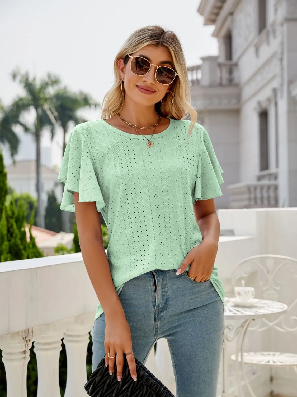 Eyelet Round Neck Flutter Sleeve T-Shirt