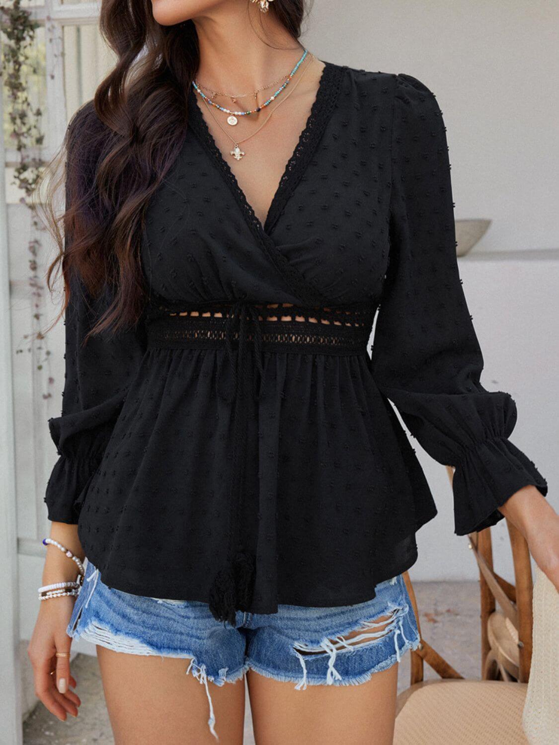 Devine Swiss Dot Lace Detail Surplice Flounce Sleeve Blouse - Clothes For Her Online Store