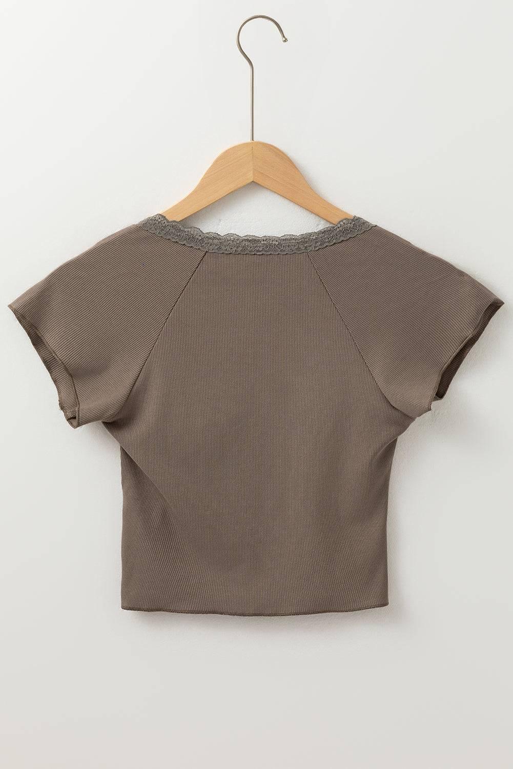 Lace Splicing Crisscross Slim V Neck T Shirt - Clothes For Her Online Store