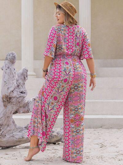 Plus Size Printed Half Sleeve Wide Leg Jumpsuit - Clothes For Her Online Store