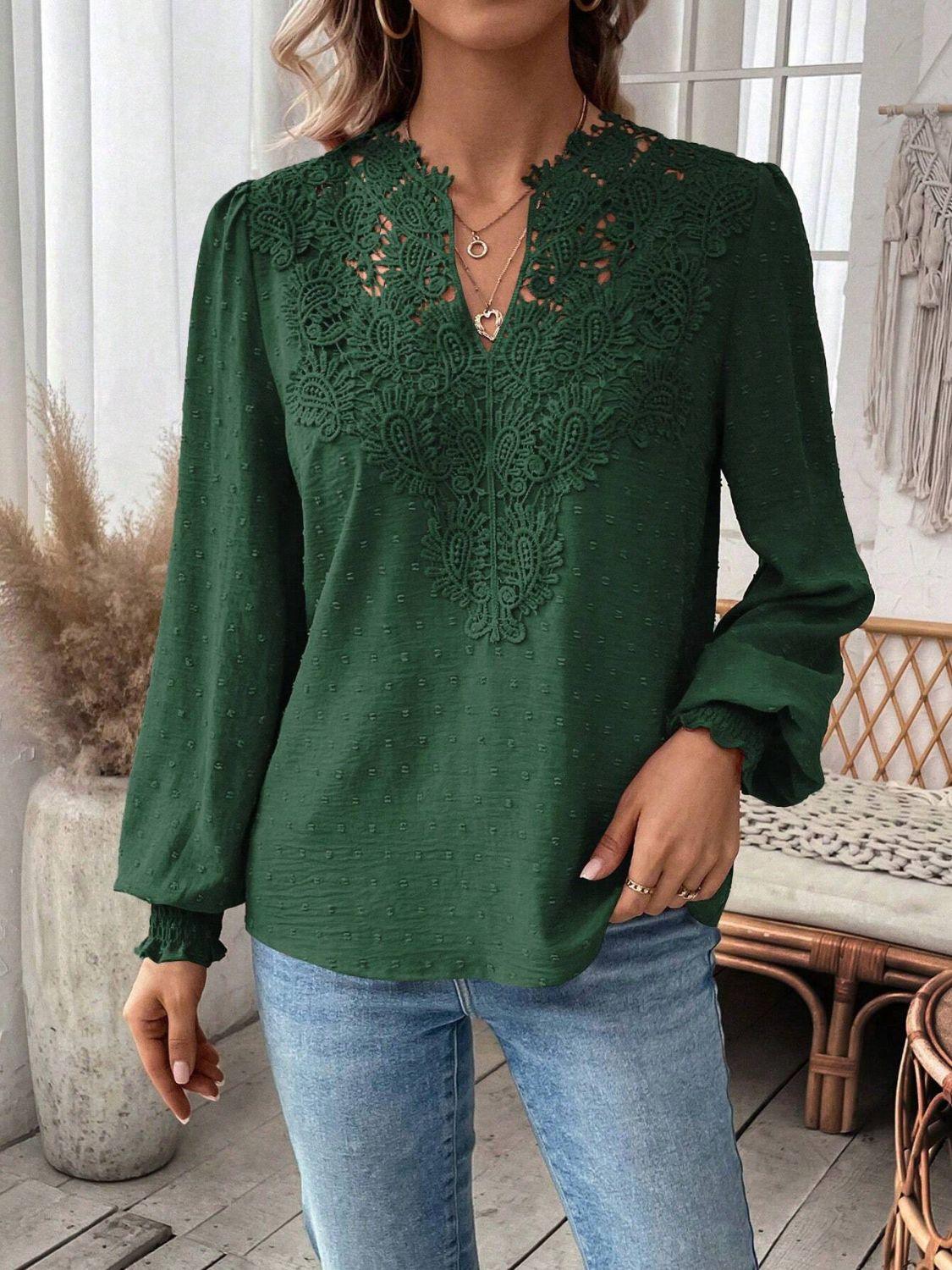 Swiss Dot Lace Detail Notched Long Sleeve Blouse - Clothes For Her Online Store