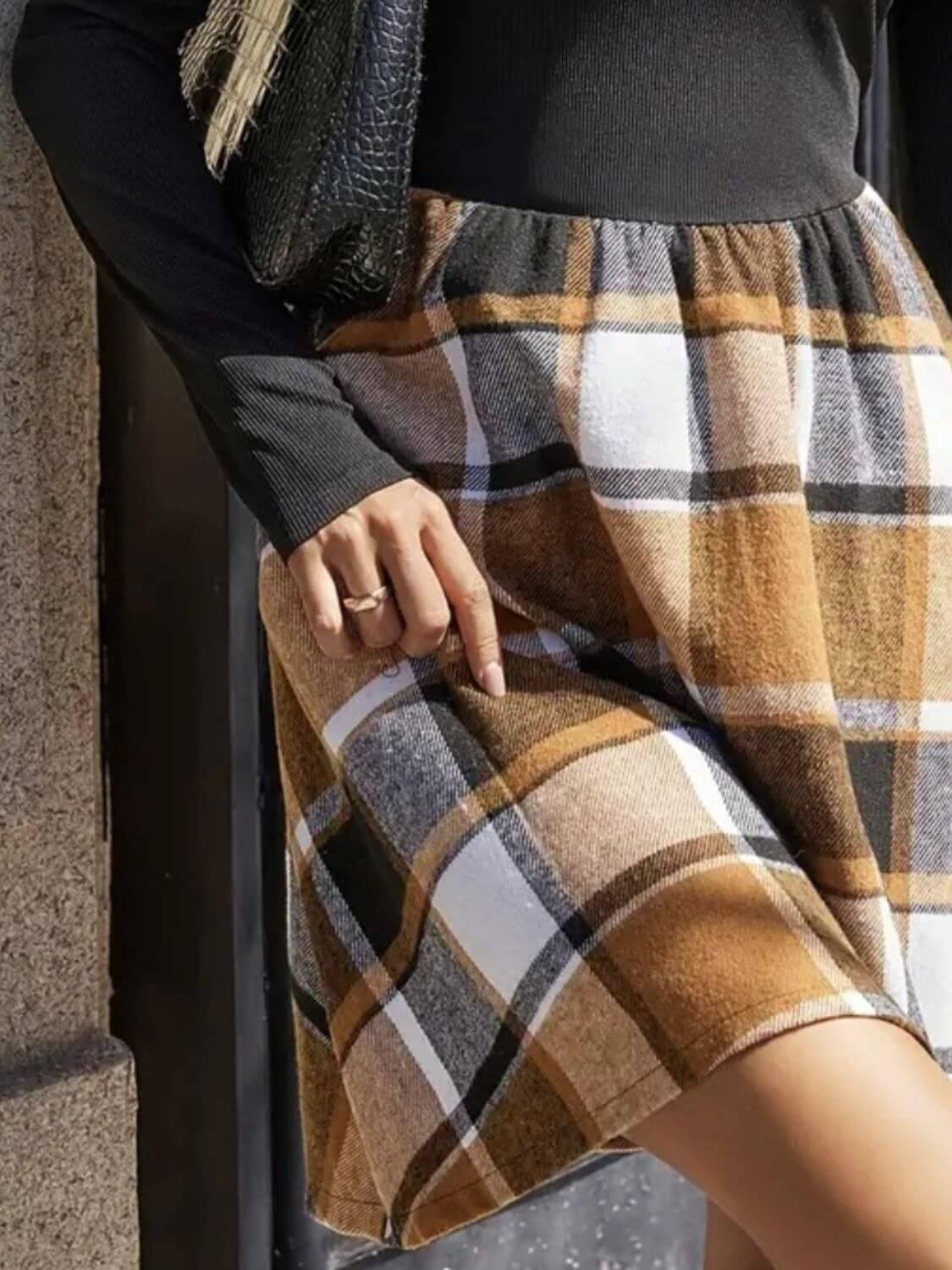 Ruffled Plaid Round Neck Long Sleeve Mini Dress - Clothes For Her Online Store