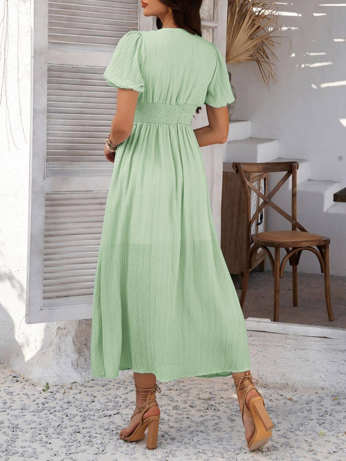 Devine V-Neck Puff Short Sleeve Midi Dress - Clothes For Her Online Store