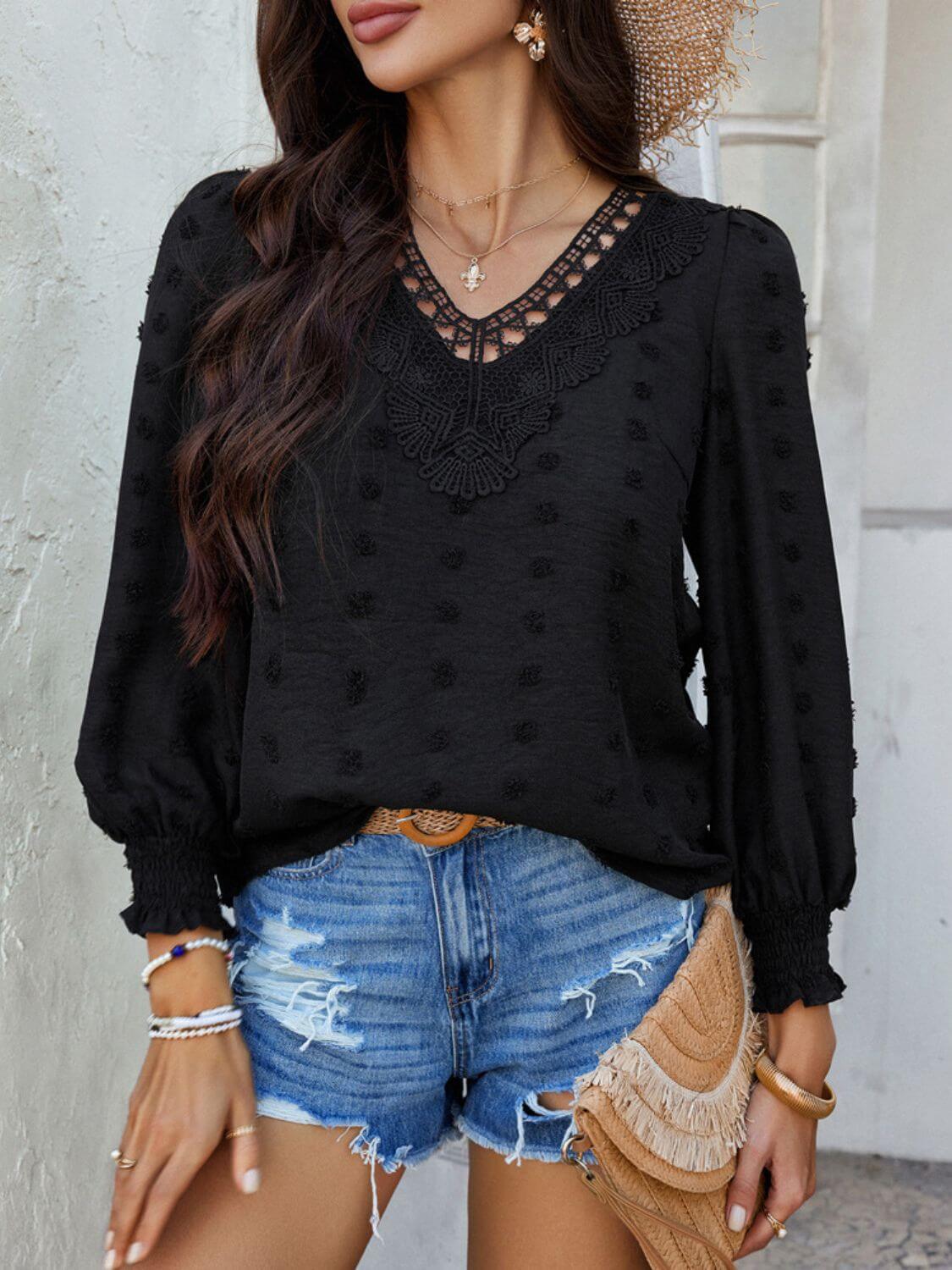 Devine Swiss Dot Lace Detail V-Neck Long Sleeve Blouse - Clothes For Her Online Store