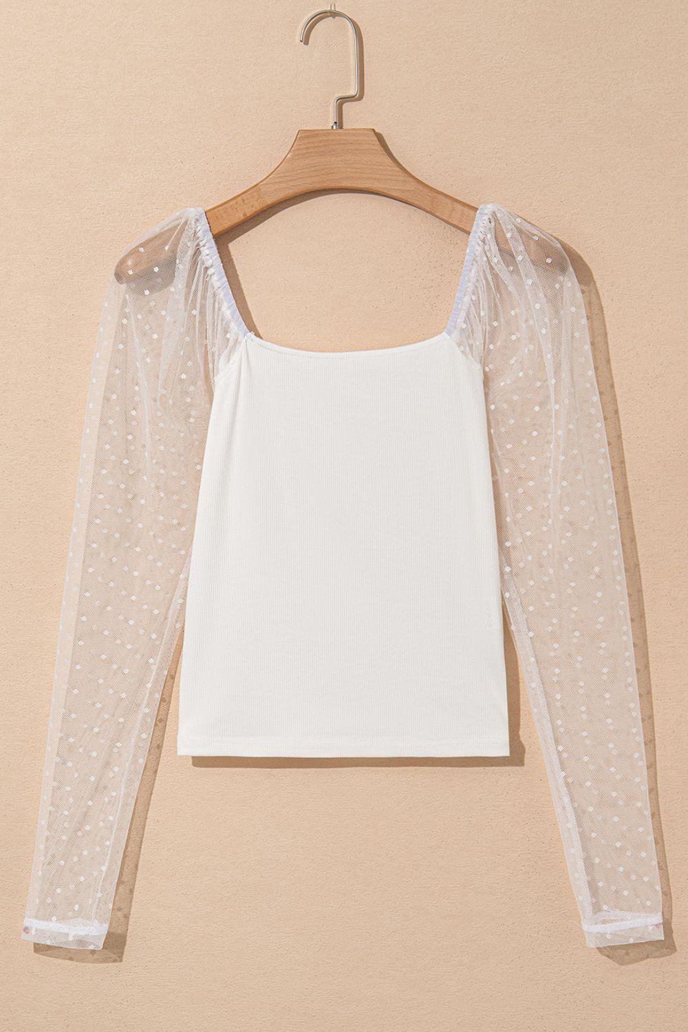 Swiss Dot Mesh Long Sleeve Square Neck Slim Top - Clothes For Her Online Store