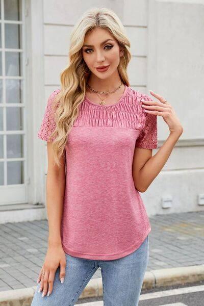 Smocked Round Neck Short Sleeve T-Shirt - Clothes For Her Online Store
