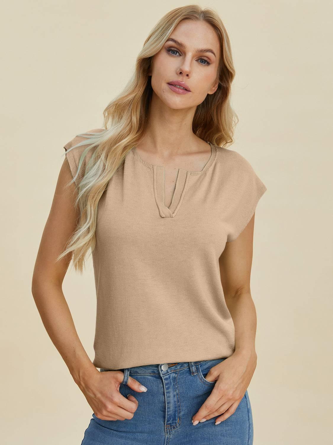 Double Take Full Size Notched Cap Sleeve Knit Top - Clothes For Her Online Store