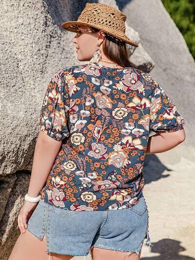 Plus Size Printed Notched Half Sleeve Blouse - Clothes For Her Online Store