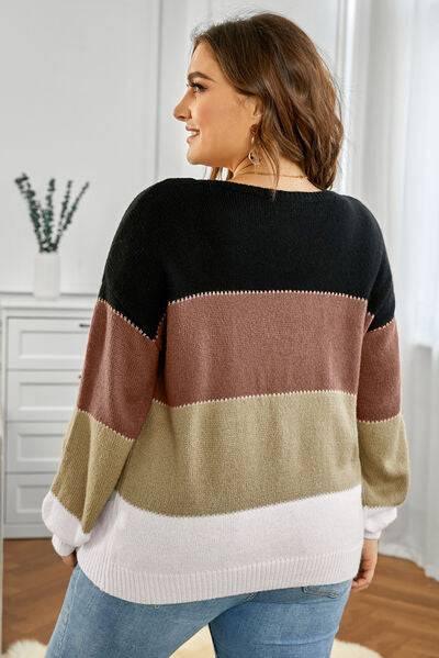 Plus Size Color Block Round Neck Sweater - Clothes For Her Online Store