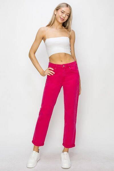 RISEN High Waist Rolled Hem Straight Jeans - Clothes For Her Online Store