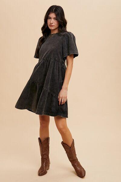 Annie Wear Mineral Washed Round Neck Short Sleeve Denim Dress - Clothes For Her Online Store