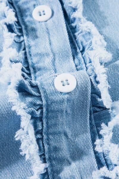 Button Down Raw Hem Ruffled Denim Shirt - Clothes For Her Online Store