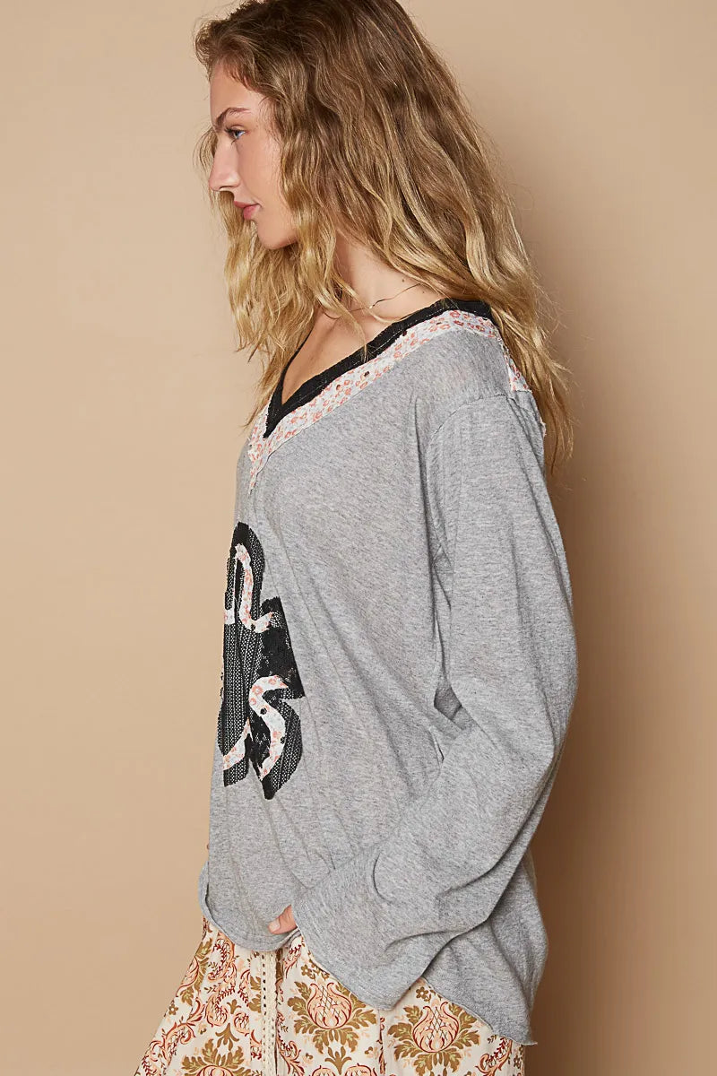 POL Lace Flower Patch Long Sleeve T-Shirt