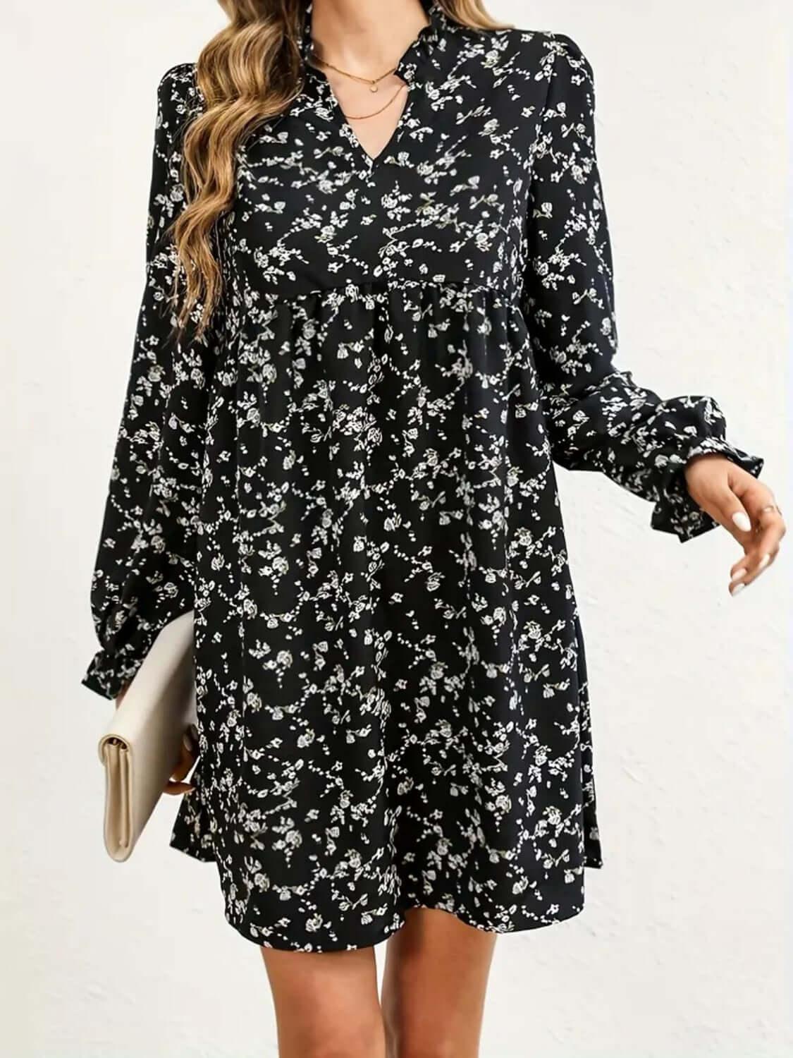 Ditsy Floral Notched Flounce Sleeve Dress - Clothes For Her Online Store