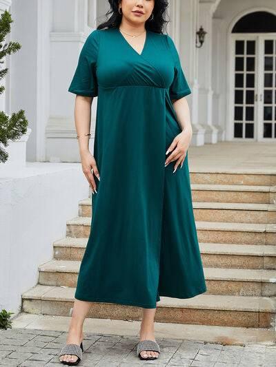 Plus Size Slit Surplice Short Sleeve Midi Dress - Clothes For Her Online Store
