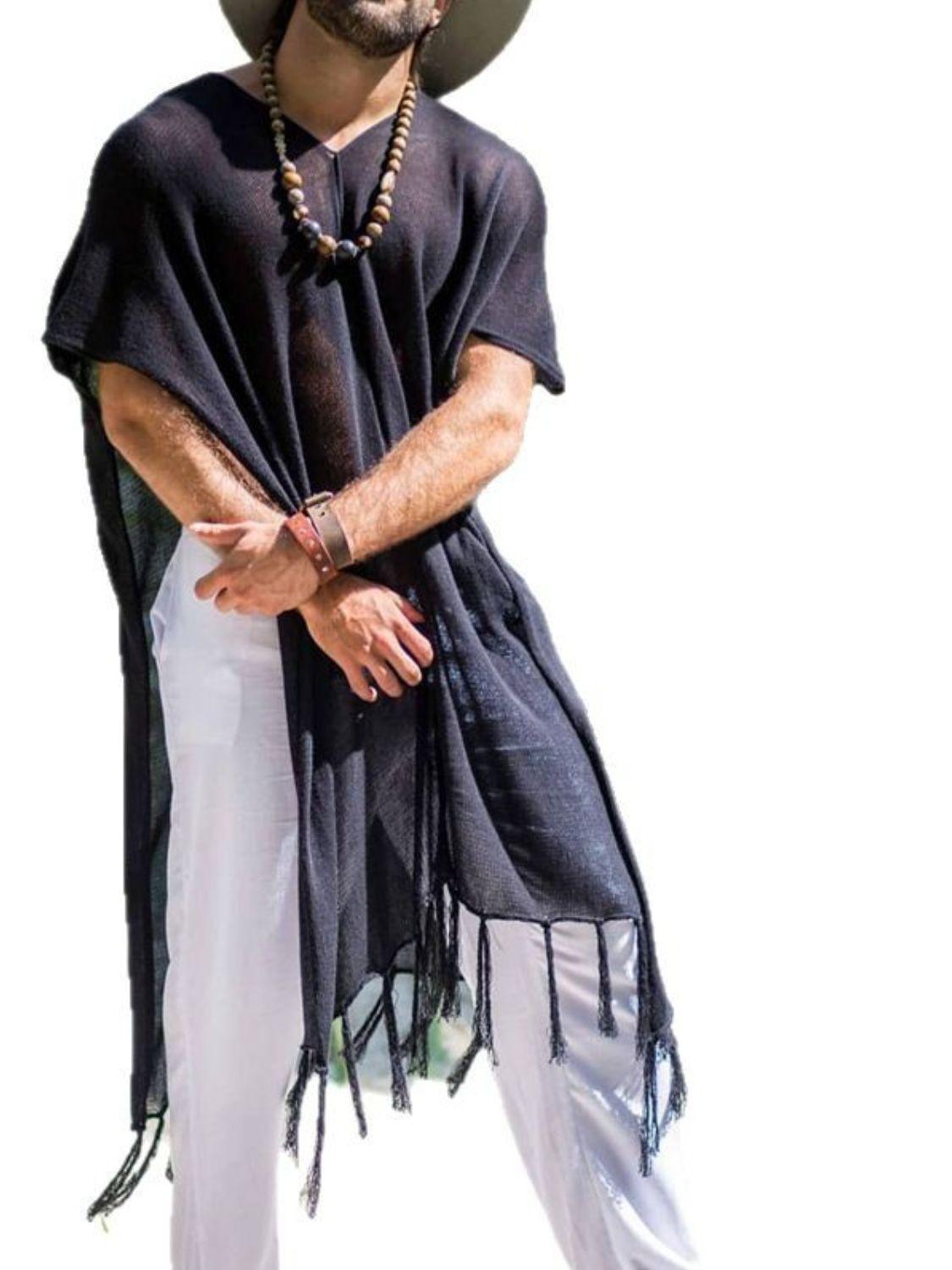 Men's Full Size Fringe V-Neck Half Sleeve Cover Up Plus Size - Clothes For Her Online Store