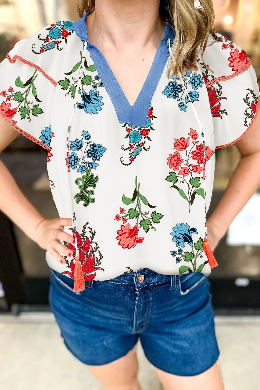 Floral Print Contrast Tassel Tie Short Sleeve Blouse