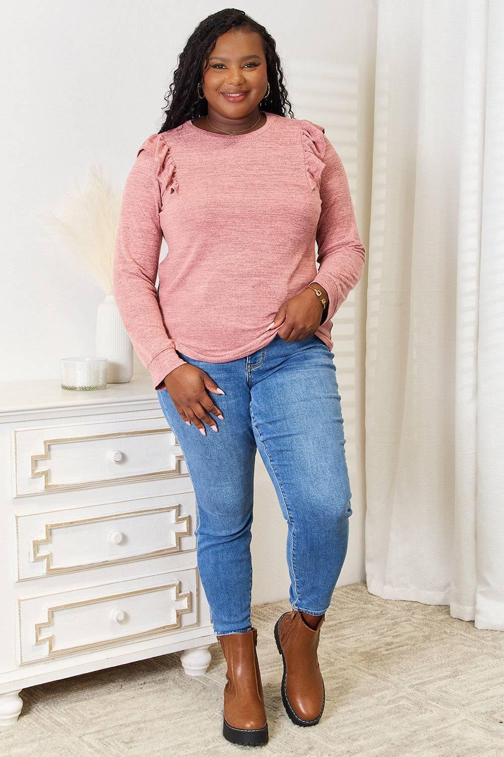 Double Take Ruffle Shoulder Long Sleeve T-Shirt - Clothes For Her Online Store