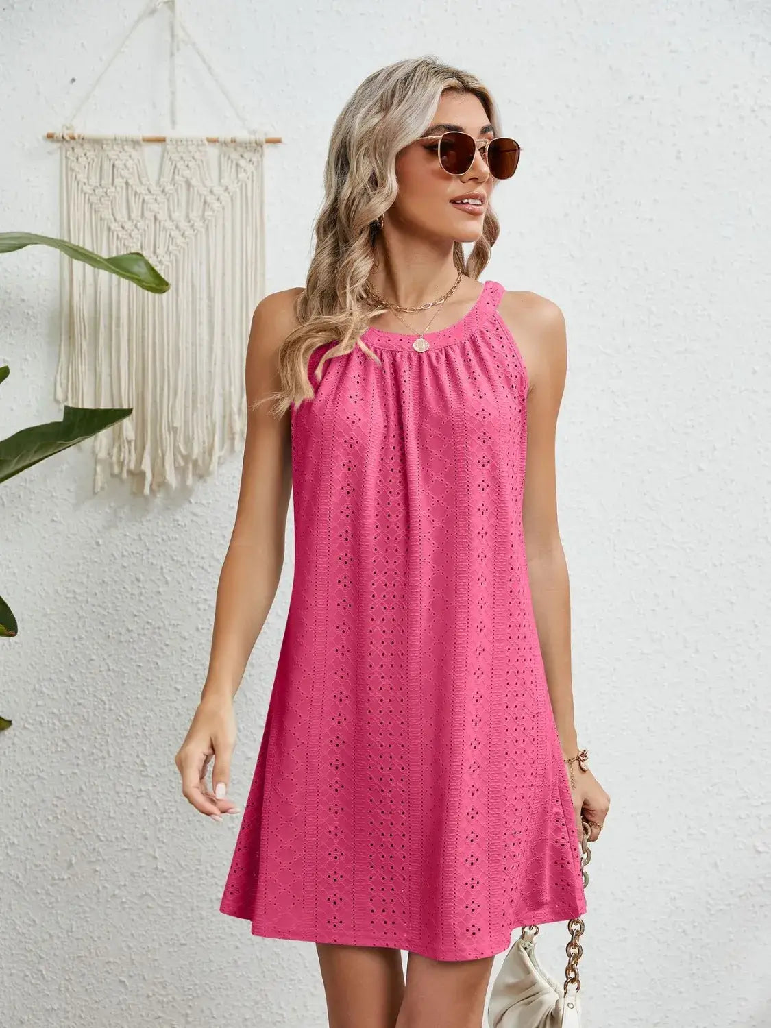 Eyelet Round Neck Sleeveless Dress