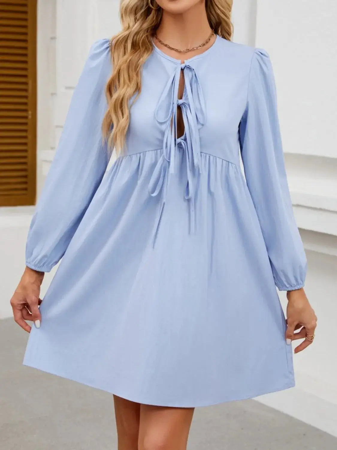 Tie Front Long Sleeve Mini Dress - Clothes For Her Online Store