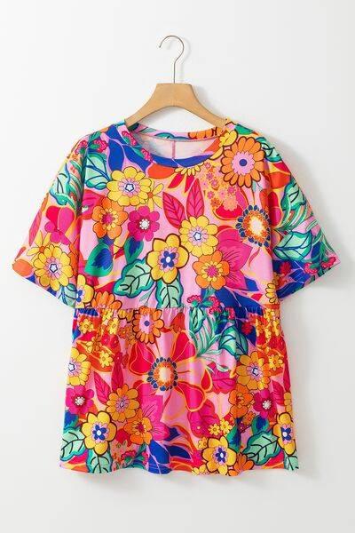 Plus Size Printed Round Neck Short Sleeve Top - Clothes For Her Online Store